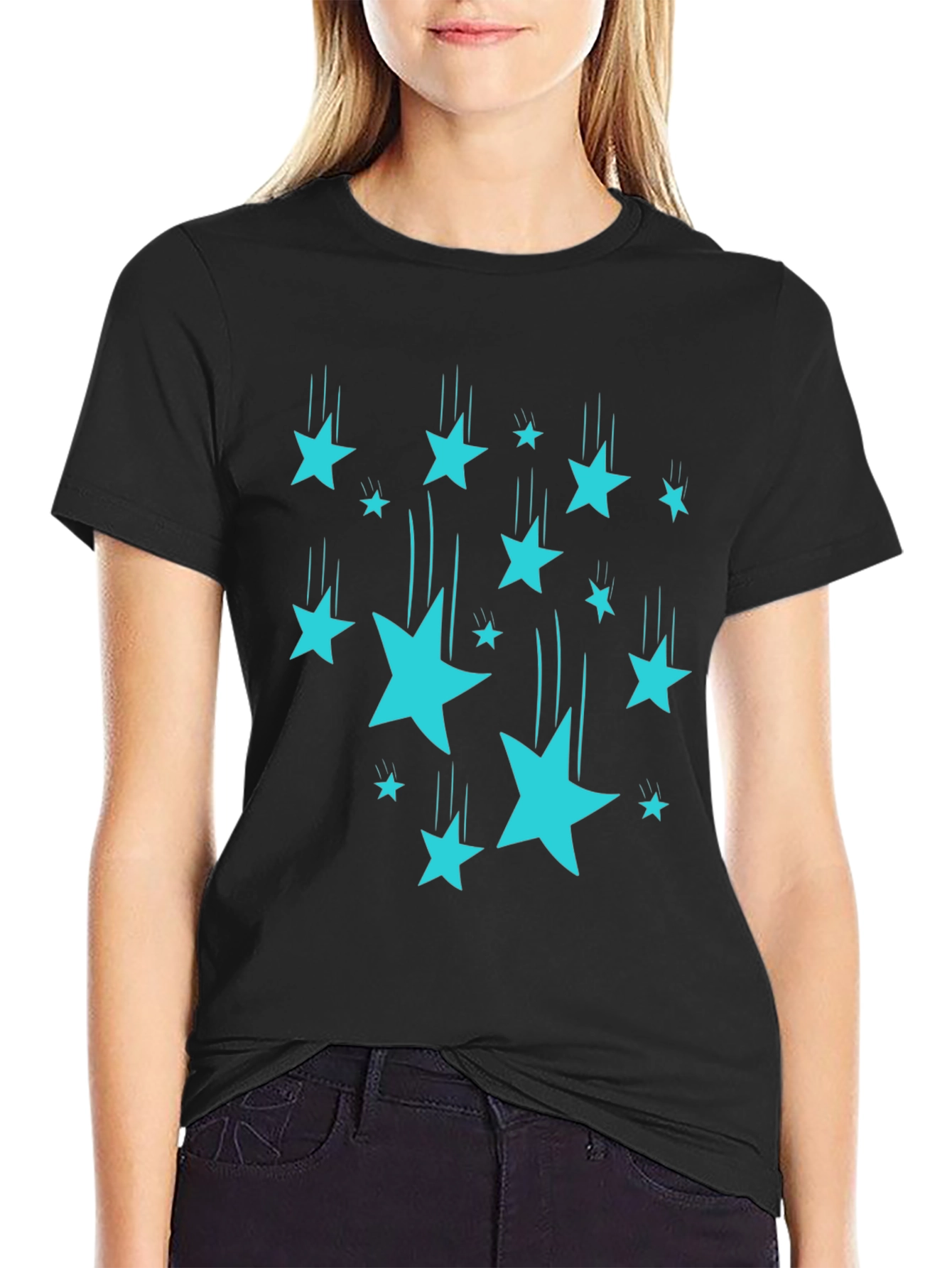 Stylish Black T-Shirt with Turquoise Falling Stars