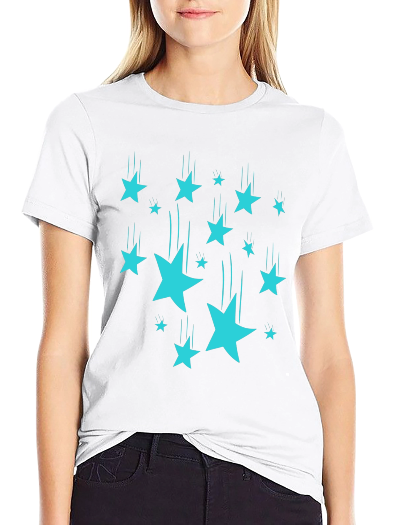 Stylish Black T-Shirt with Turquoise Falling Stars