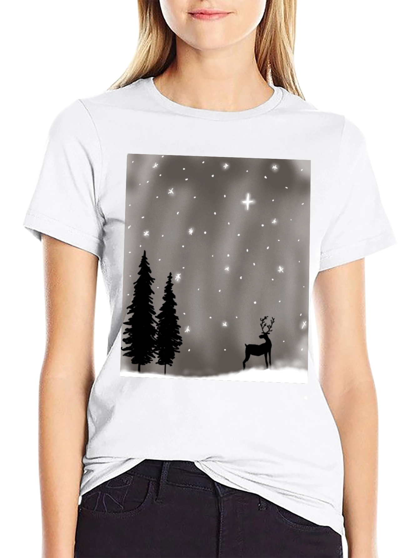 Winter Scene Graphic Tee - Holiday Deer and Stars