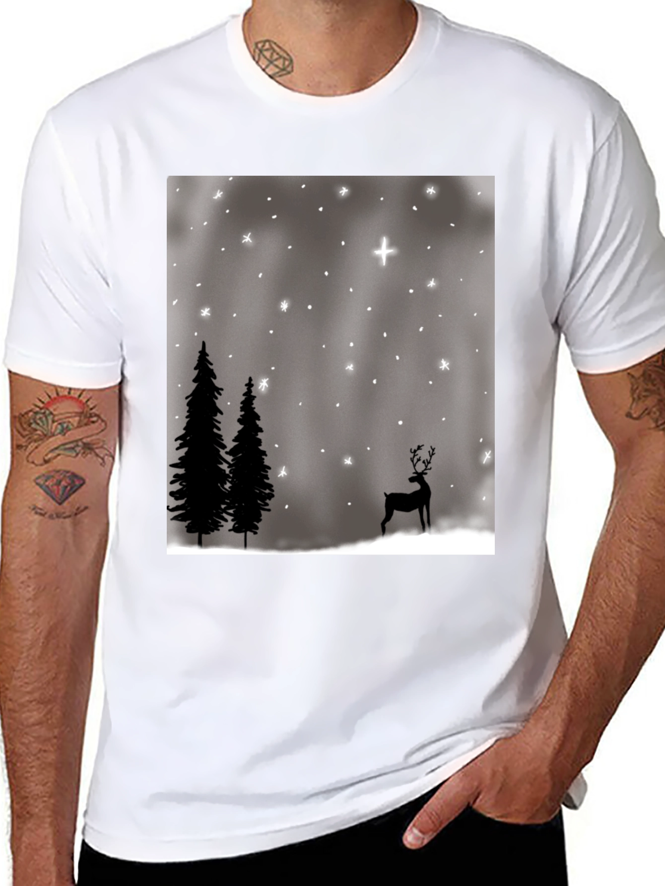 Winter Scene Graphic Tee - Holiday Deer and Stars