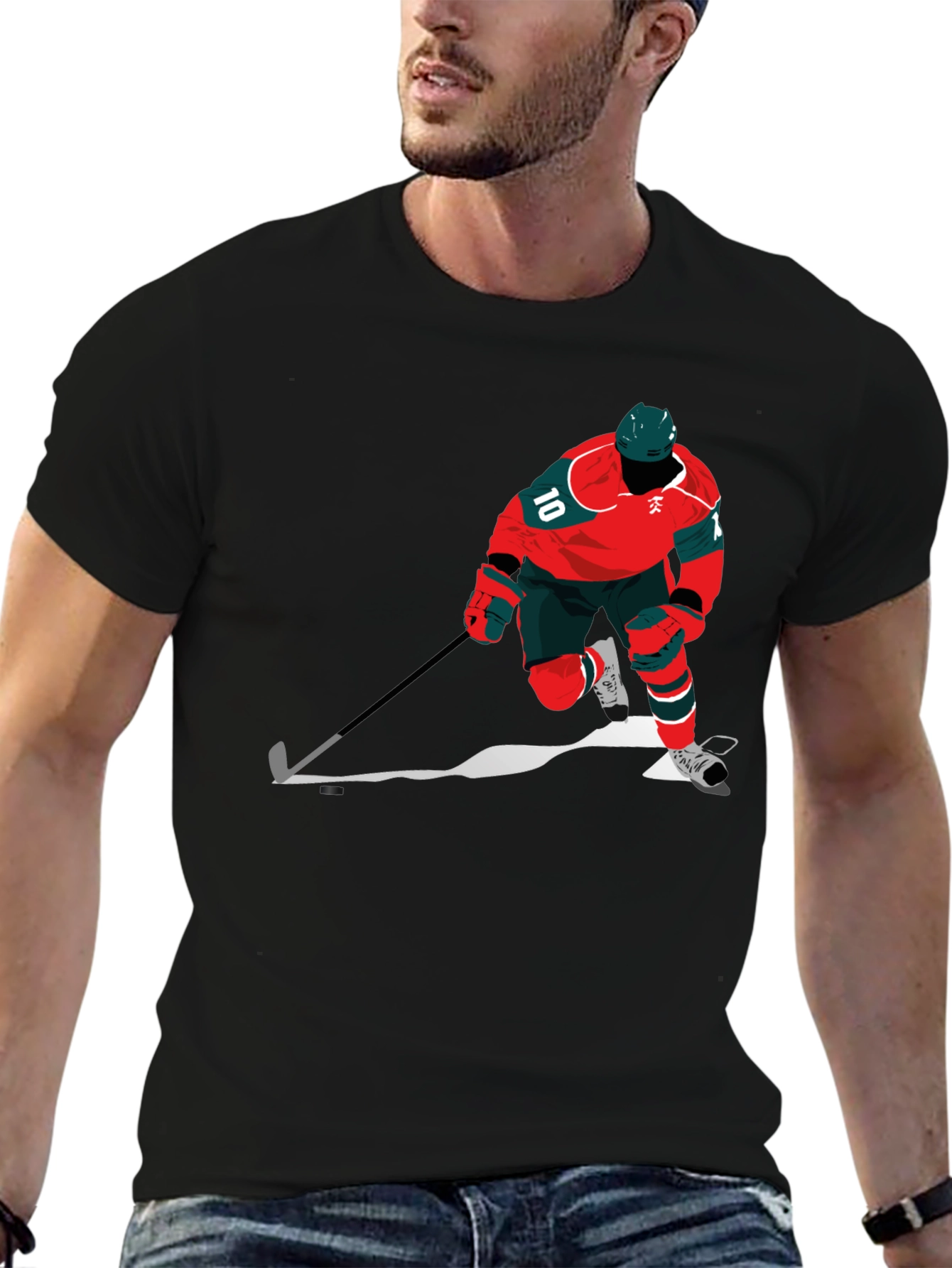 Hockey Player Graphic Tee - Black Cotton Blend