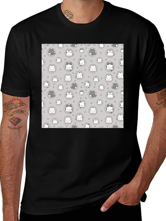 Cute Cartoon Cat Print T-Shirt - Black