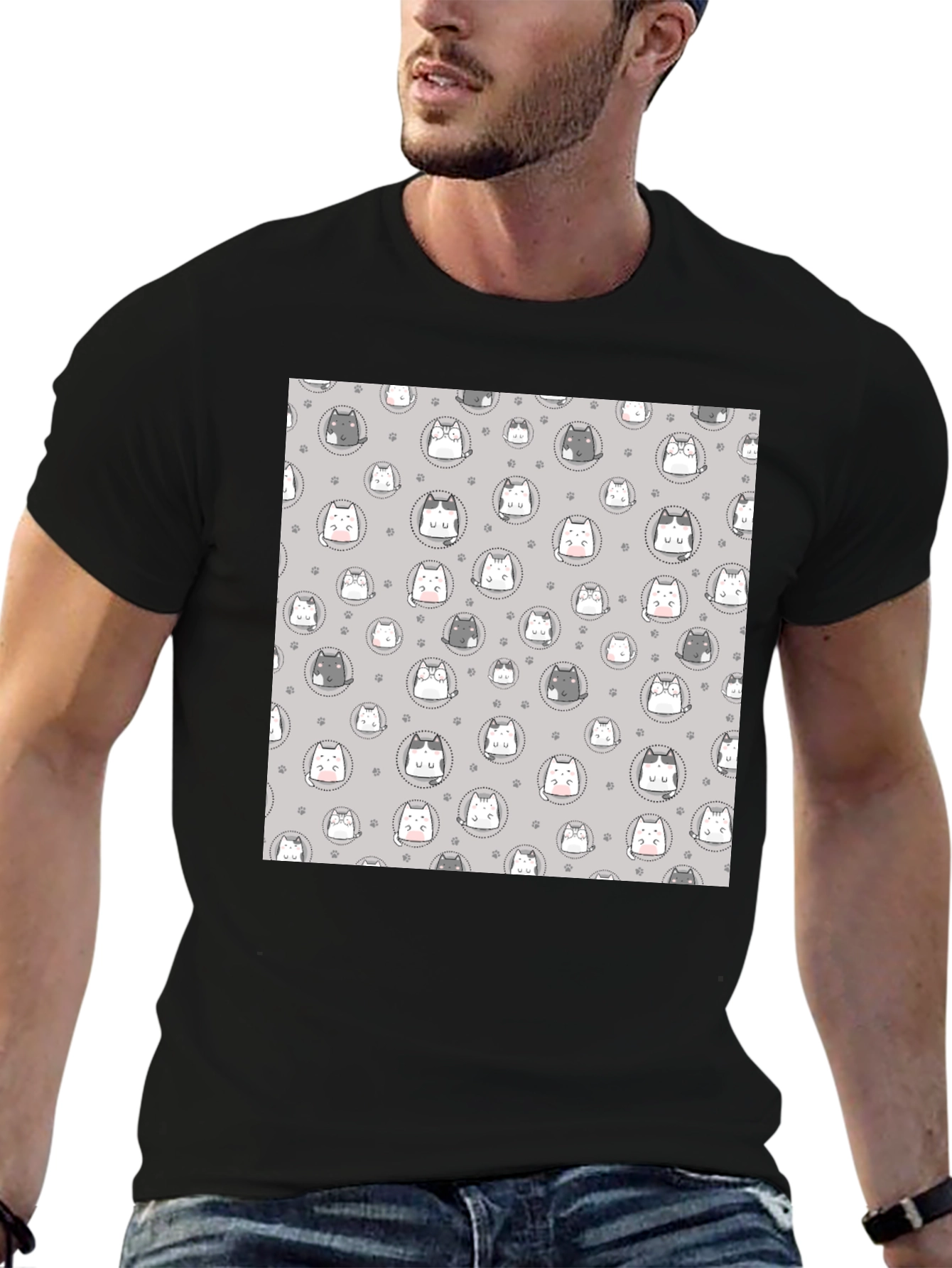 Cute Cartoon Cat Print T-Shirt - Black