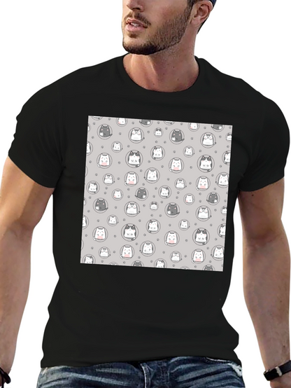 Cute Cartoon Cat Print T-Shirt - Black