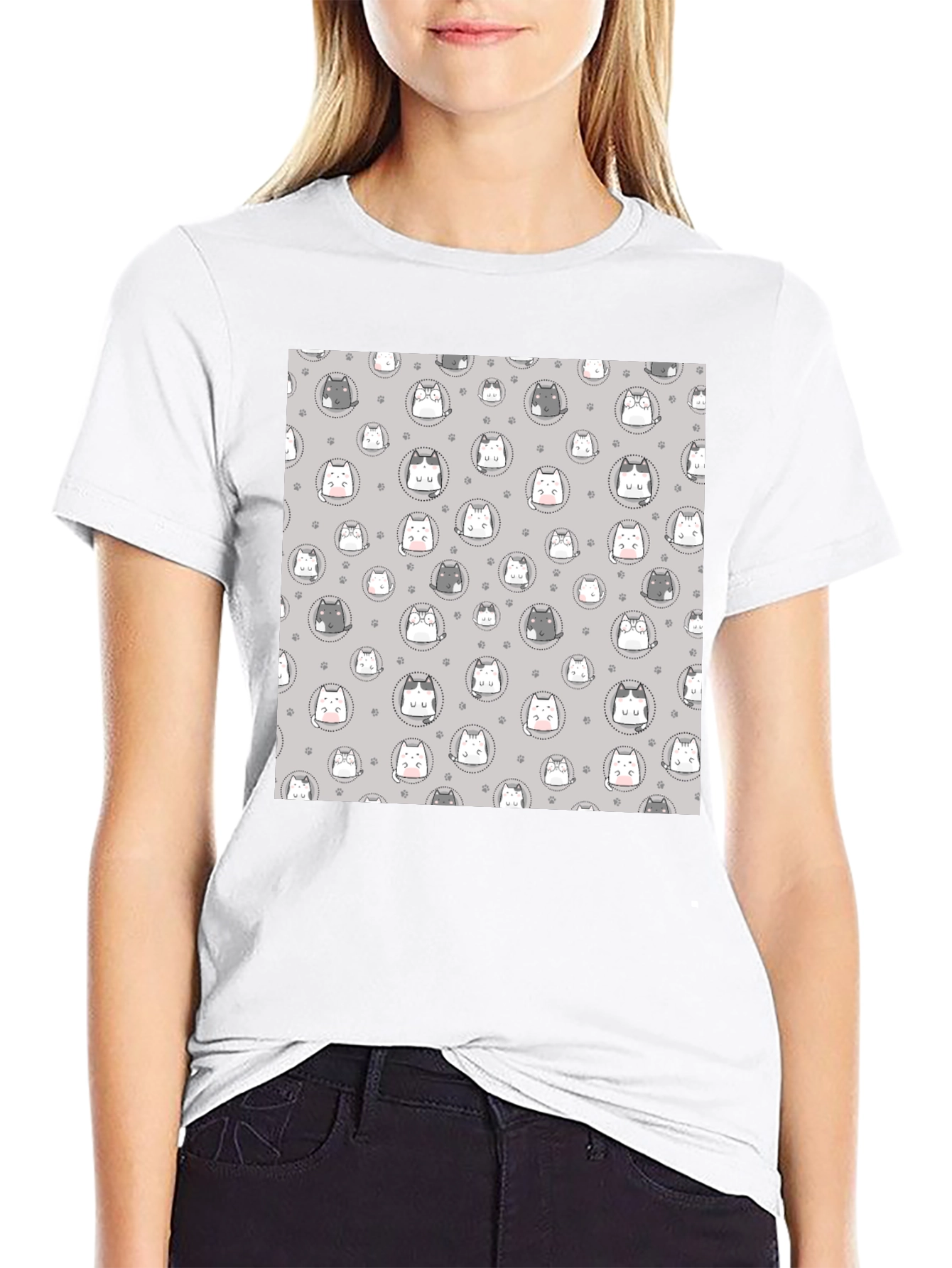 Cute Cartoon Cat Print T-Shirt - Black