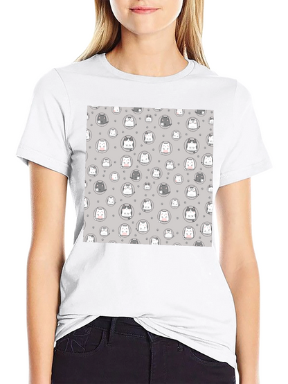 Cute Cartoon Cat Print T-Shirt - Black