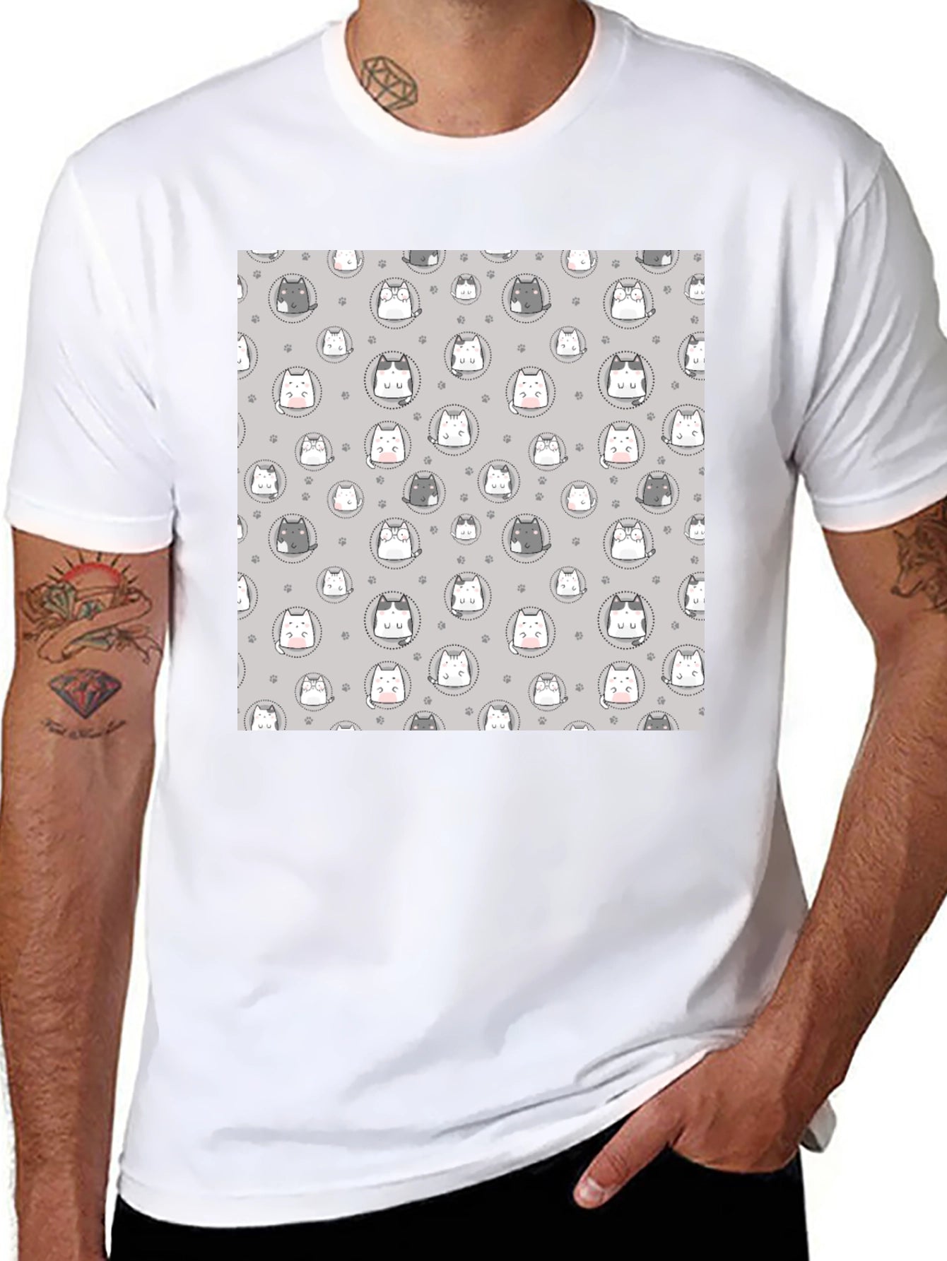 Cute Cartoon Cat Print T-Shirt - Black