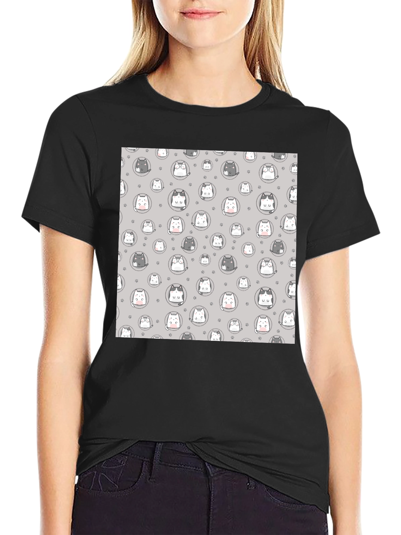 Cute Cartoon Cat Print T-Shirt - Black