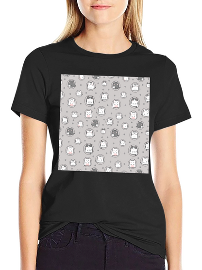 Cute Cartoon Cat Print T-Shirt - Black