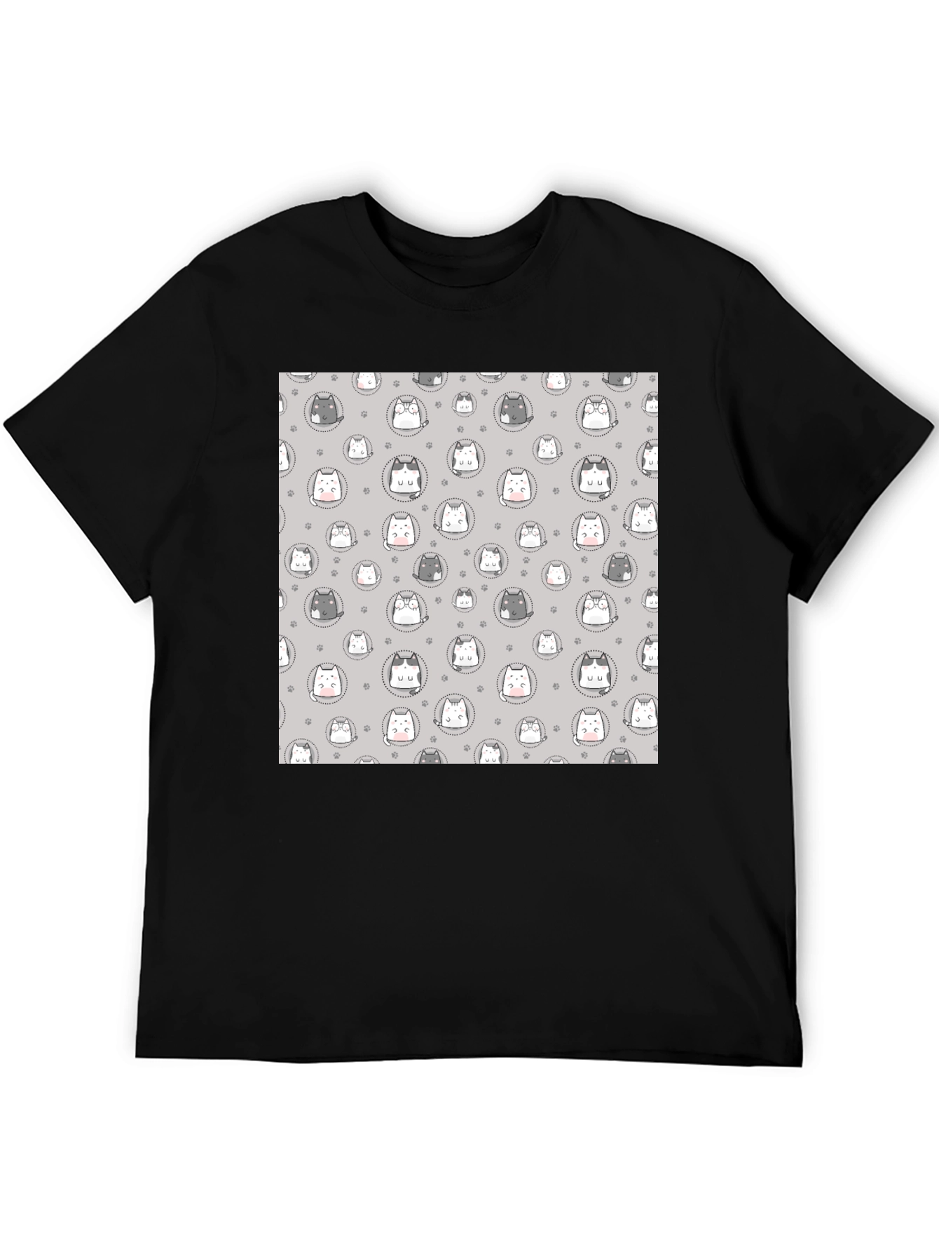 Cute Cartoon Cat Print T-Shirt - Black