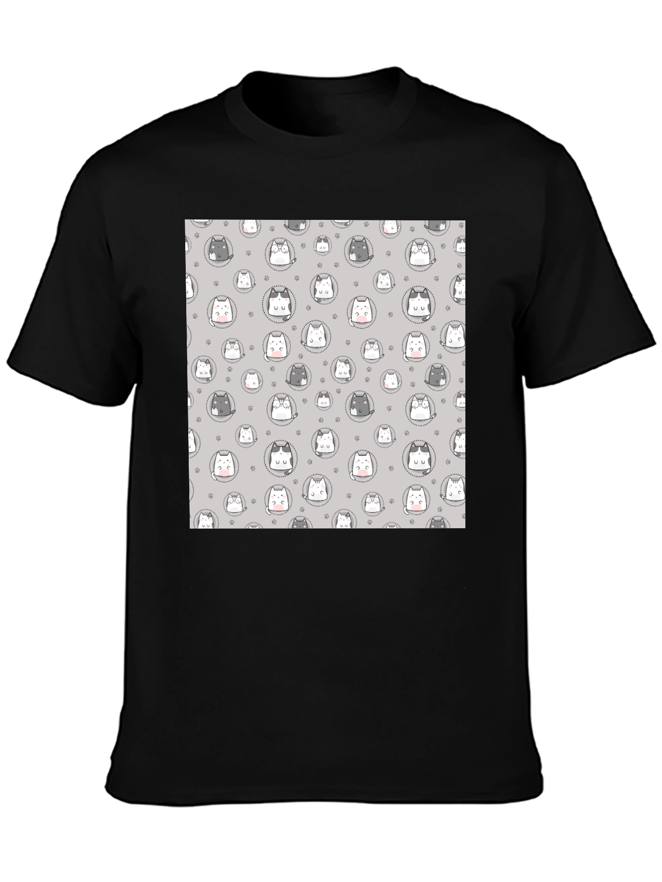 Cute Cartoon Cat Print T-Shirt - Black