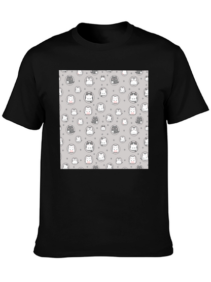 Cute Cartoon Cat Print T-Shirt - Black