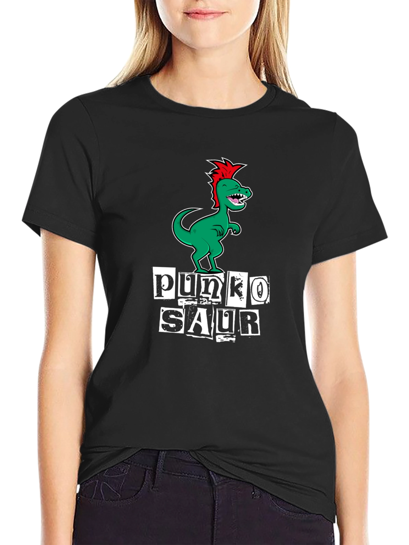 Punko Saur Black T-Shirt: Green Dinosaur Punk Design