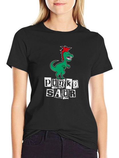 Punko Saur Black T-Shirt: Green Dinosaur Punk Design