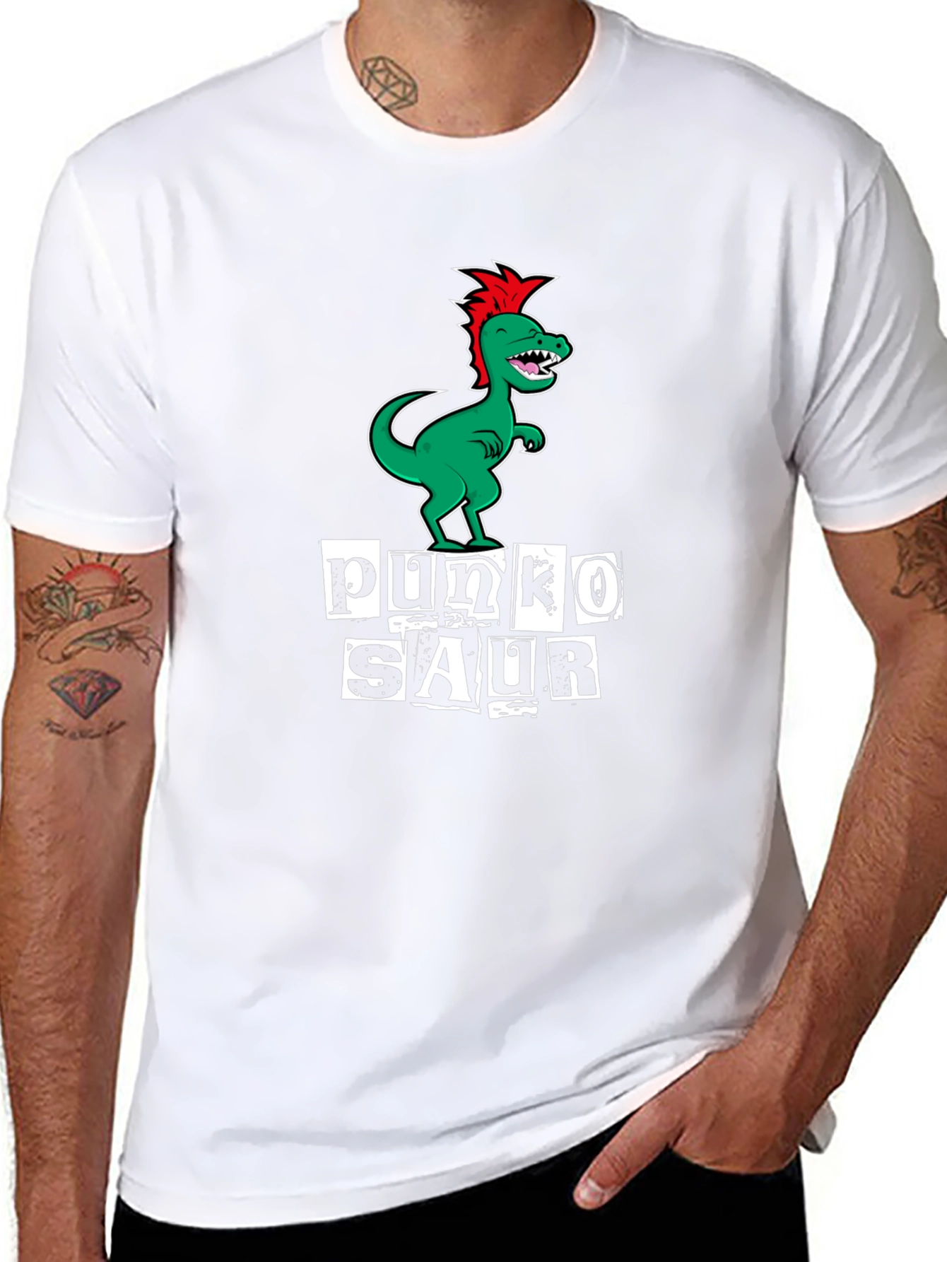 Punko Saur Black T-Shirt: Green Dinosaur Punk Design