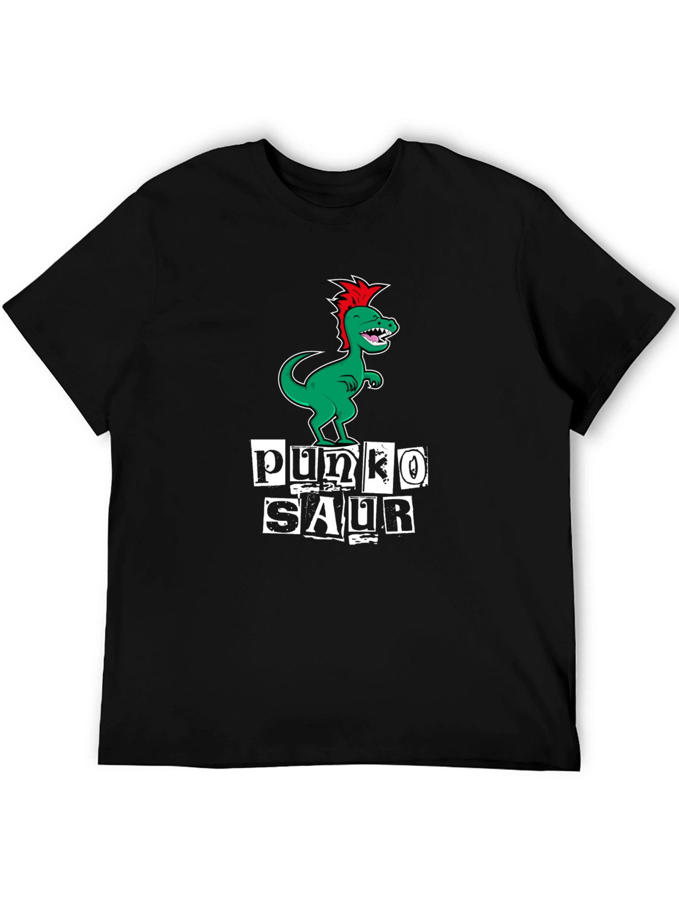 Punko Saur Black T-Shirt: Green Dinosaur Punk Design