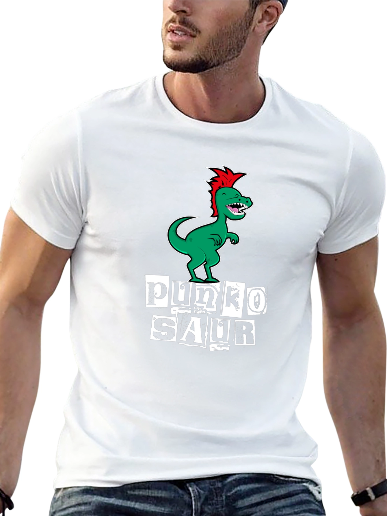 Punko Saur Black T-Shirt: Green Dinosaur Punk Design