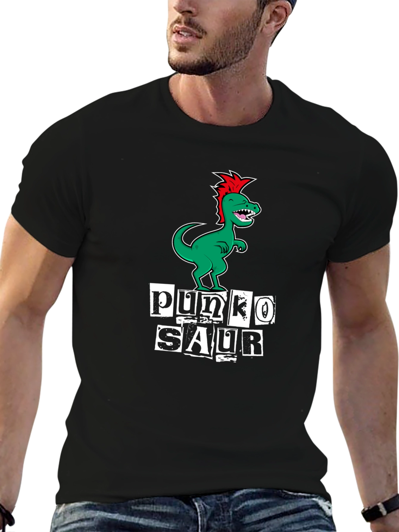 Punko Saur Black T-Shirt: Green Dinosaur Punk Design
