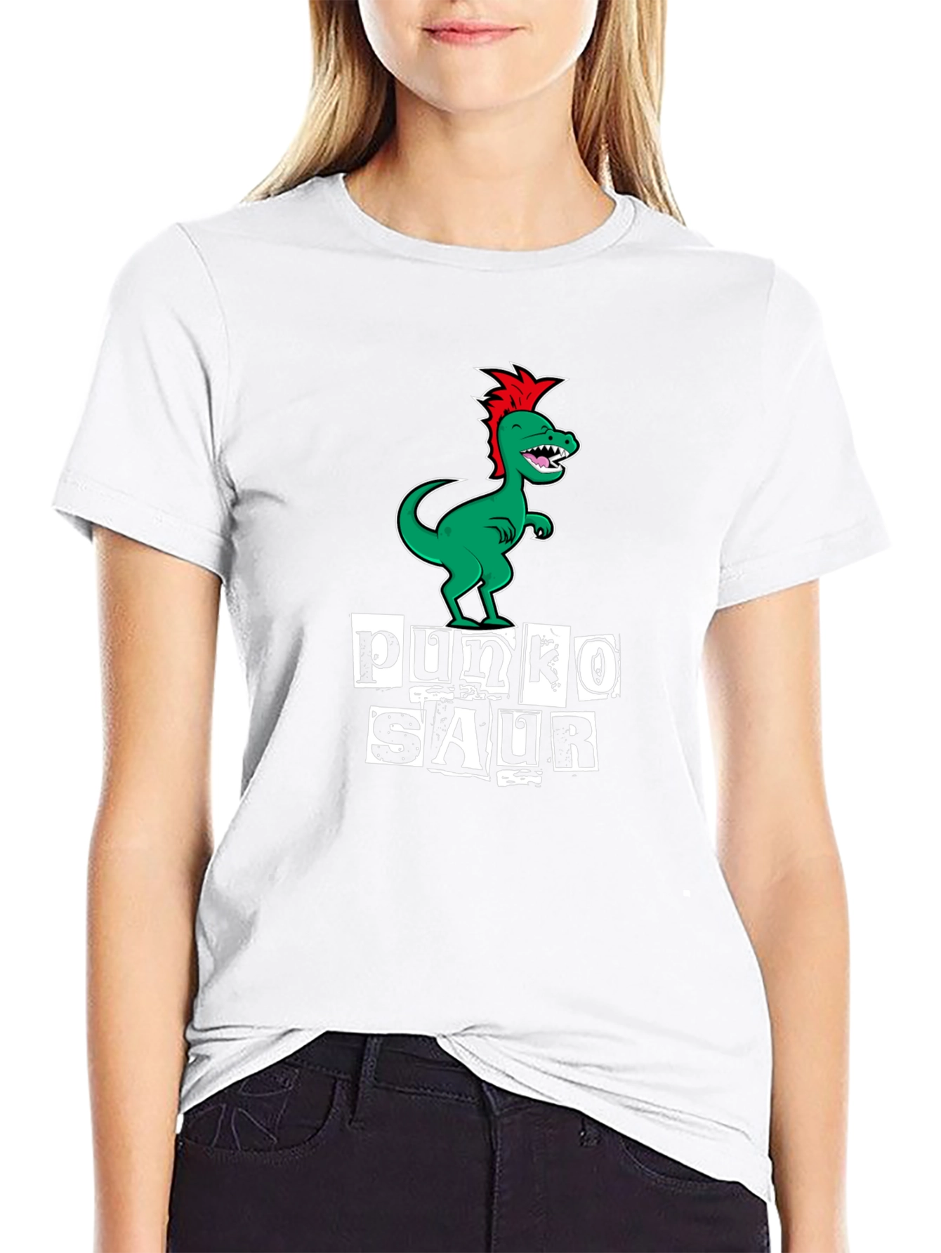 Punko Saur Black T-Shirt: Green Dinosaur Punk Design