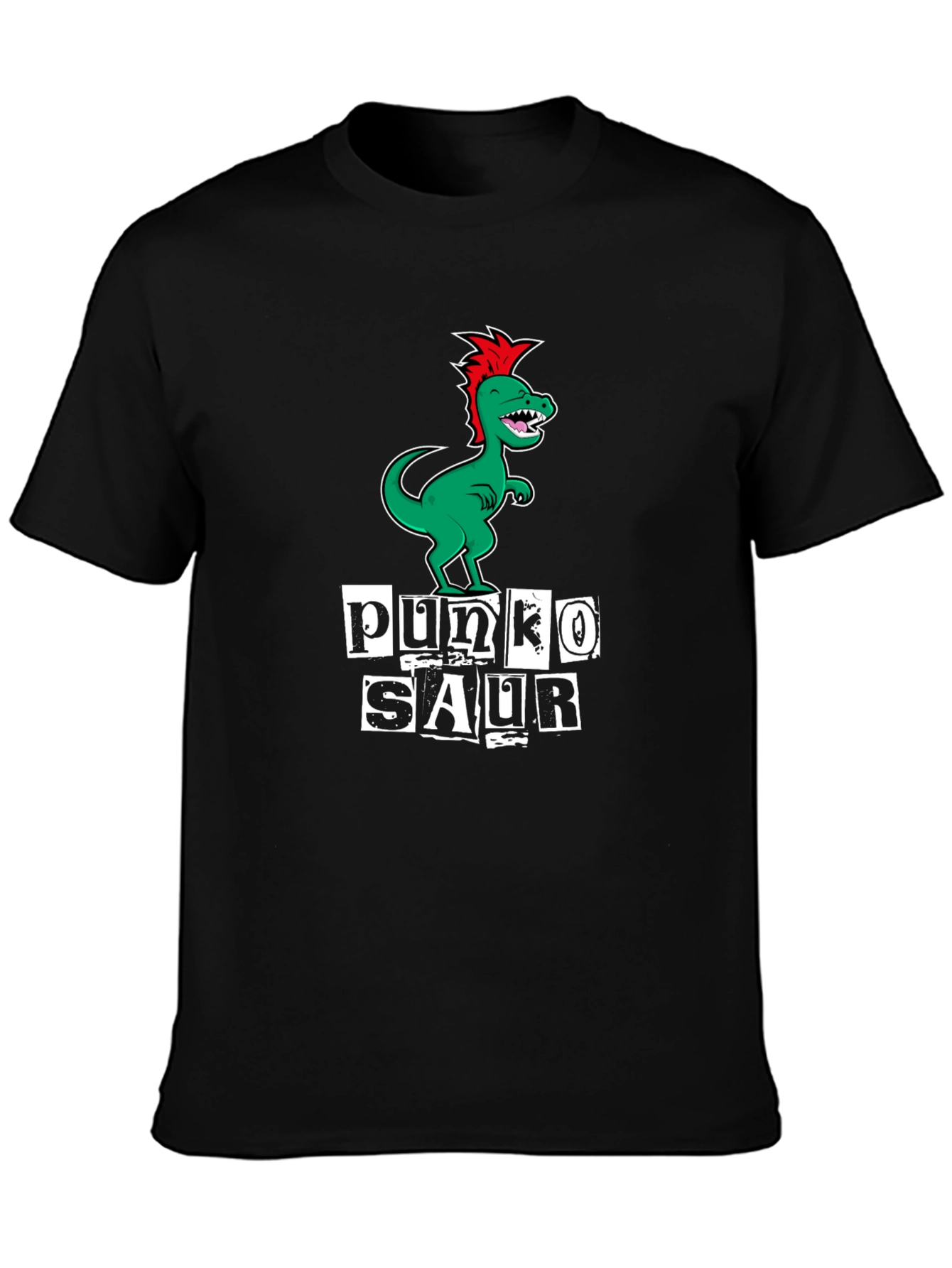 Punko Saur Black T-Shirt: Green Dinosaur Punk Design