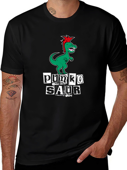 Punko Saur Black T-Shirt: Green Dinosaur Punk Design