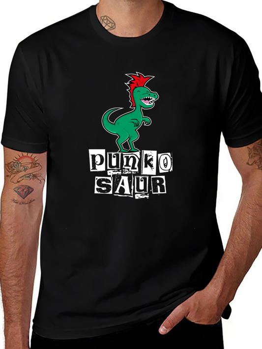 Punko Saur Black T-Shirt: Green Dinosaur Punk Design