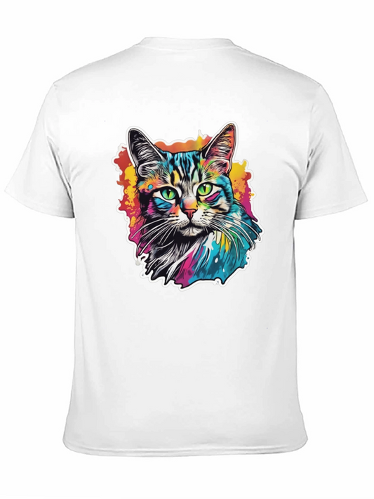 Colorful Cat Graphic Tee - Artistic Black T-Shirt