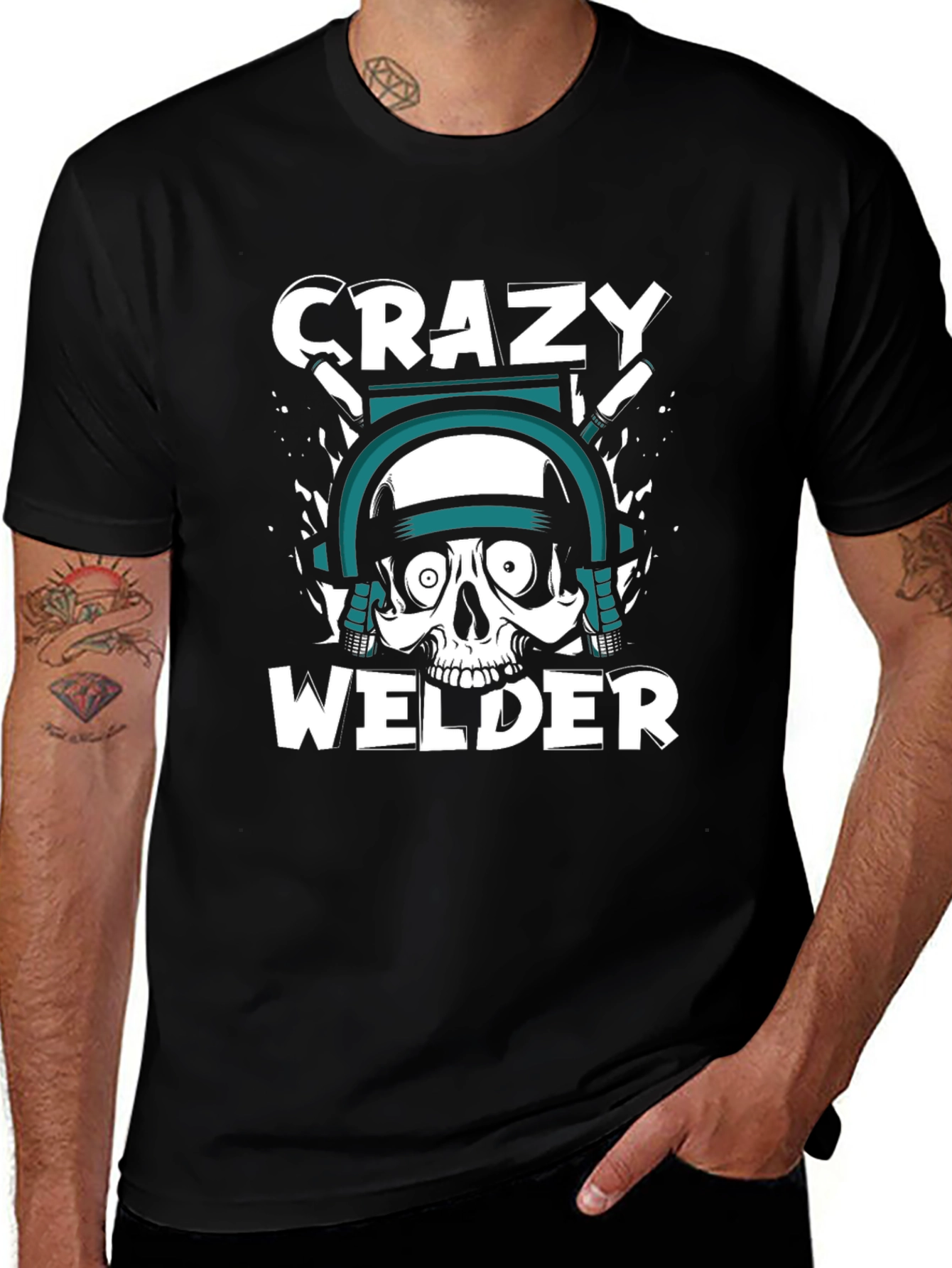 Crazy Welder Skull Graphic T-Shirt - Black