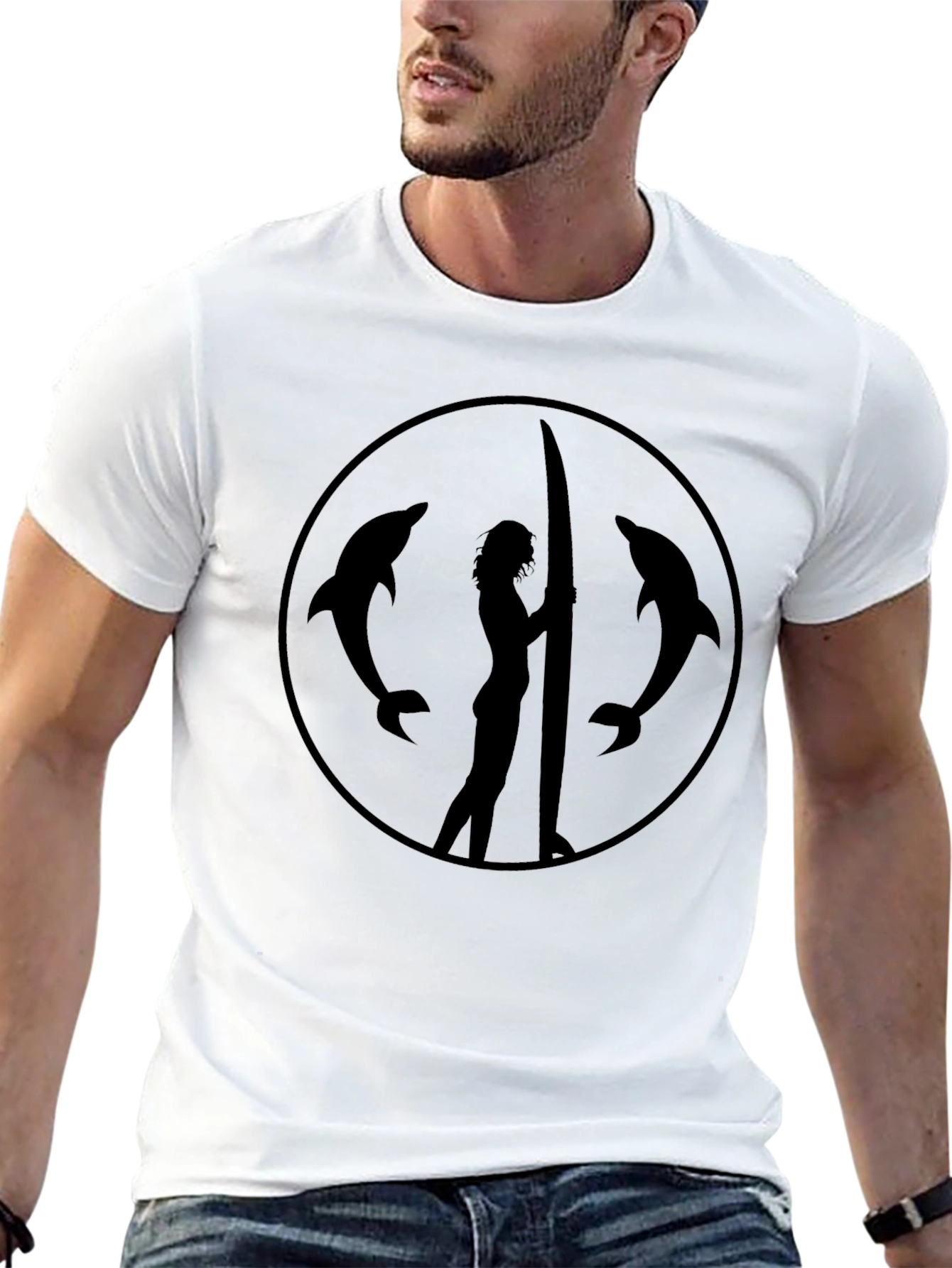 Dolphin Surf Girl Tee - Black Graphic T-Shirt