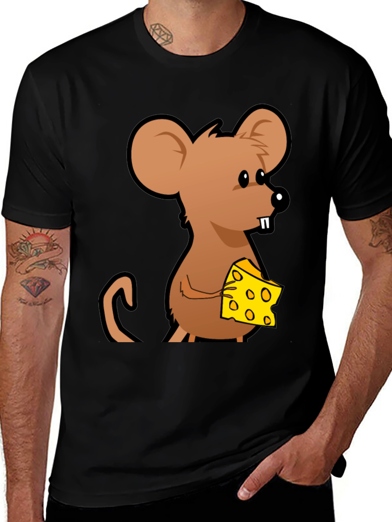 Cartoon Mouse with Cheese Graphic T-Shirt - Black