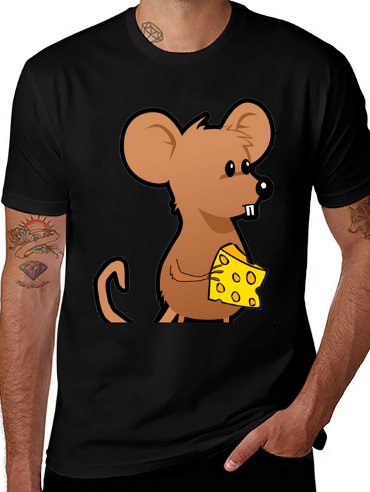 Cartoon Mouse with Cheese Graphic T-Shirt - Black