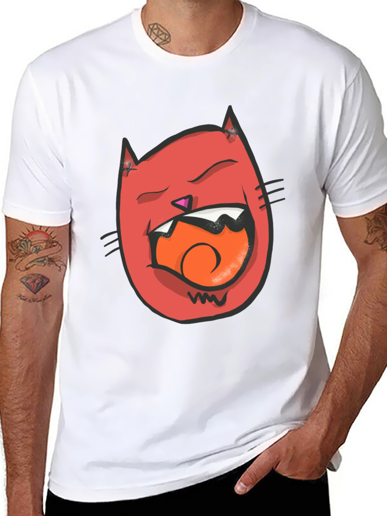 Cartoon Cat Graphic Tee - Black Crew Neck T-Shirt