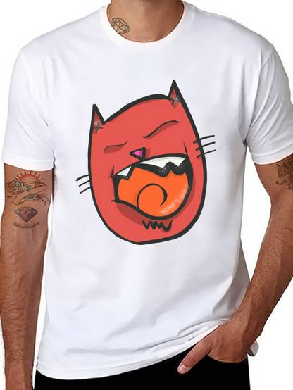 Cartoon Cat Graphic Tee - Black Crew Neck T-Shirt