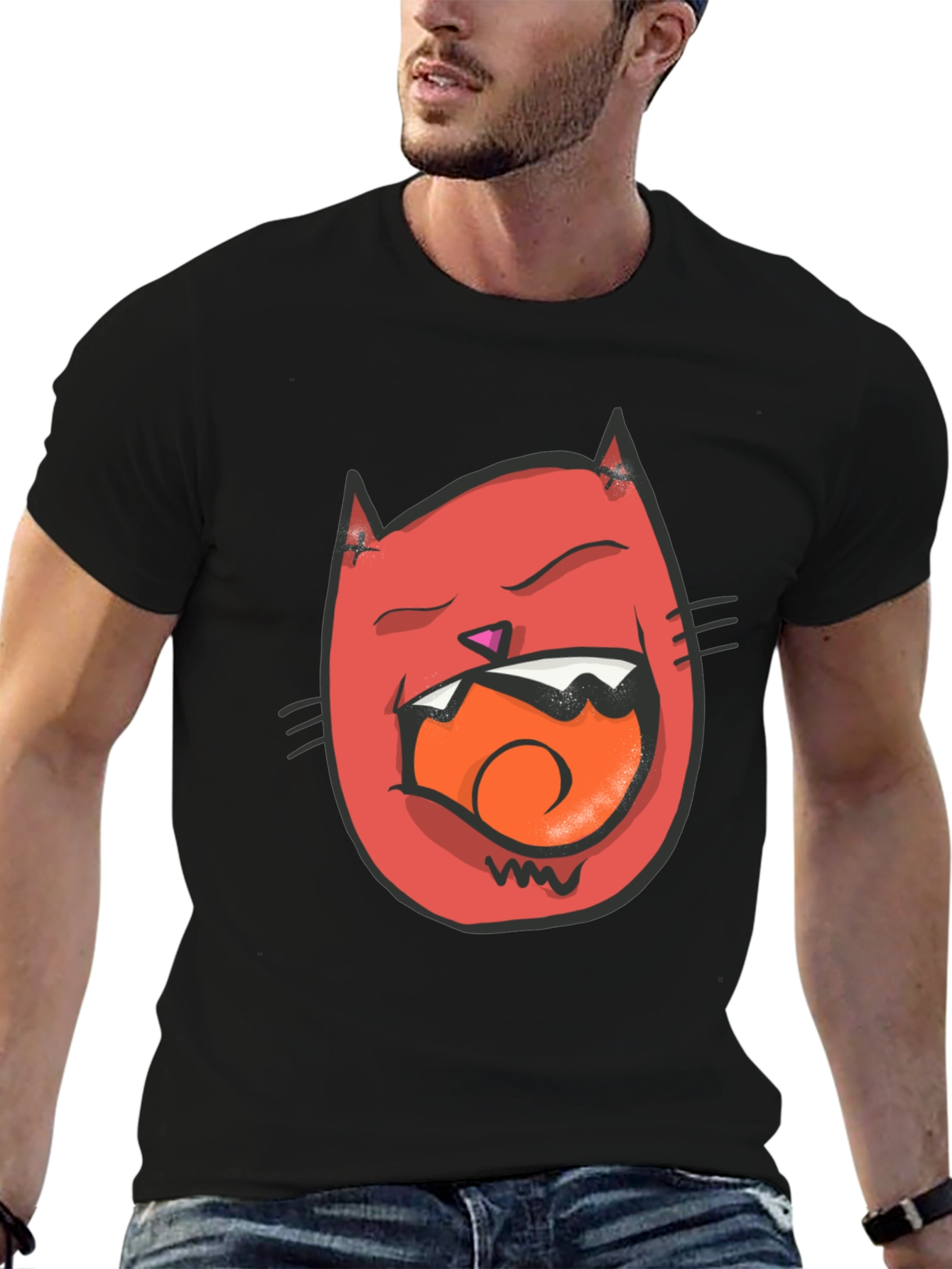 Cartoon Cat Graphic Tee - Black Crew Neck T-Shirt