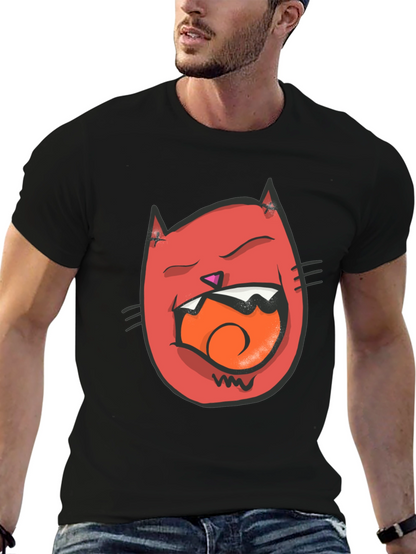 Cartoon Cat Graphic Tee - Black Crew Neck T-Shirt