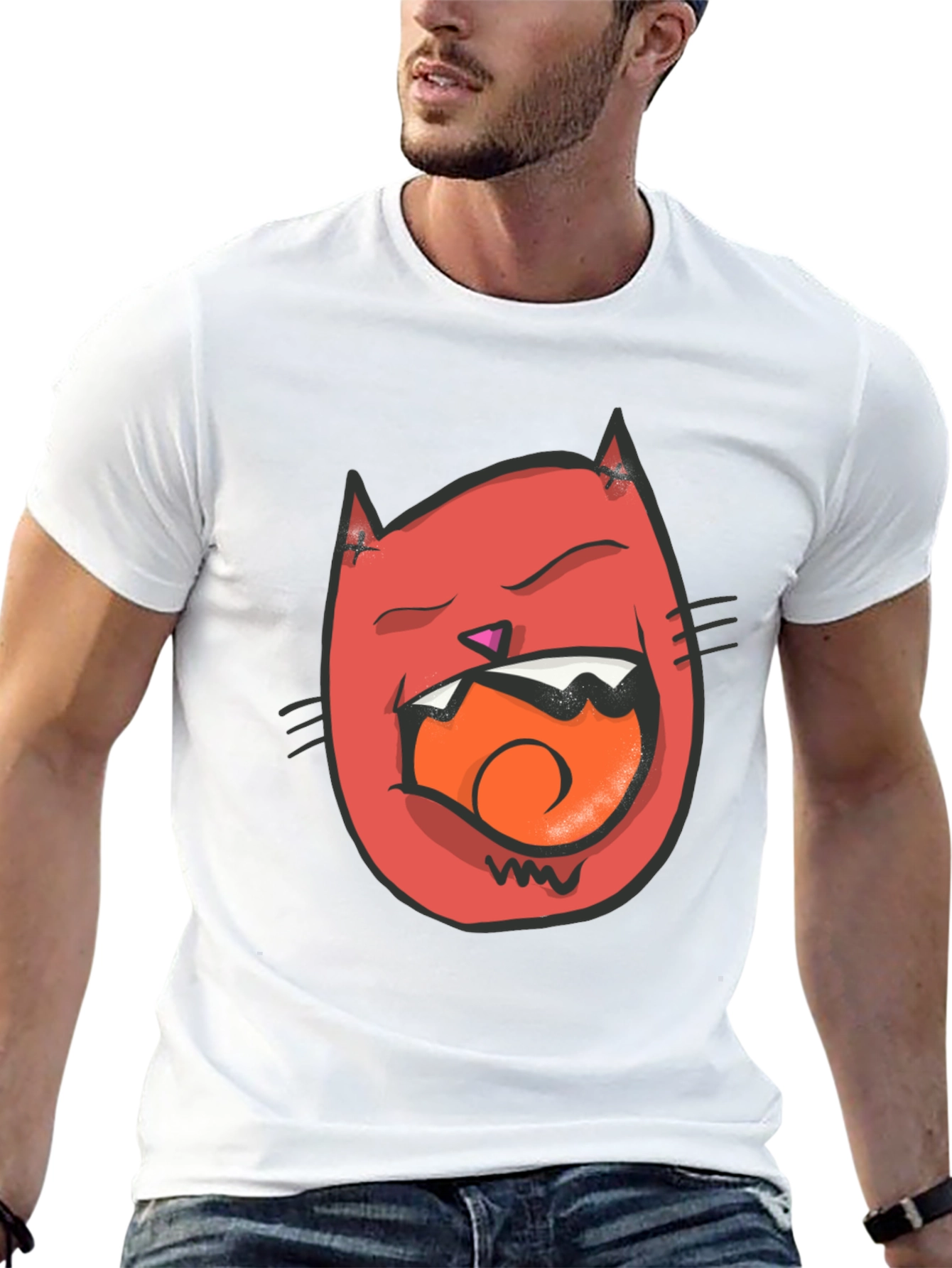 Cartoon Cat Graphic Tee - Black Crew Neck T-Shirt