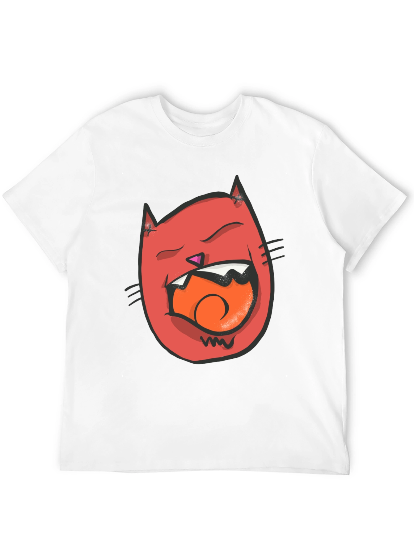 Cartoon Cat Graphic Tee - Black Crew Neck T-Shirt