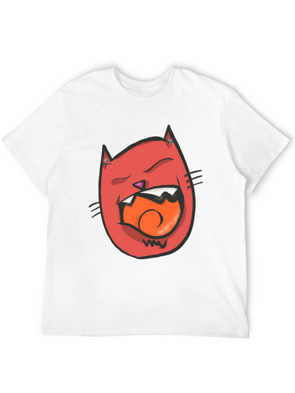 Cartoon Cat Graphic Tee - Black Crew Neck T-Shirt