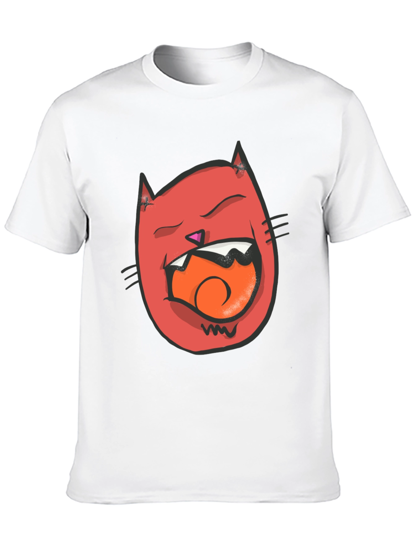 Cartoon Cat Graphic Tee - Black Crew Neck T-Shirt