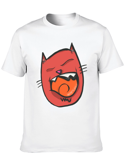 Cartoon Cat Graphic Tee - Black Crew Neck T-Shirt
