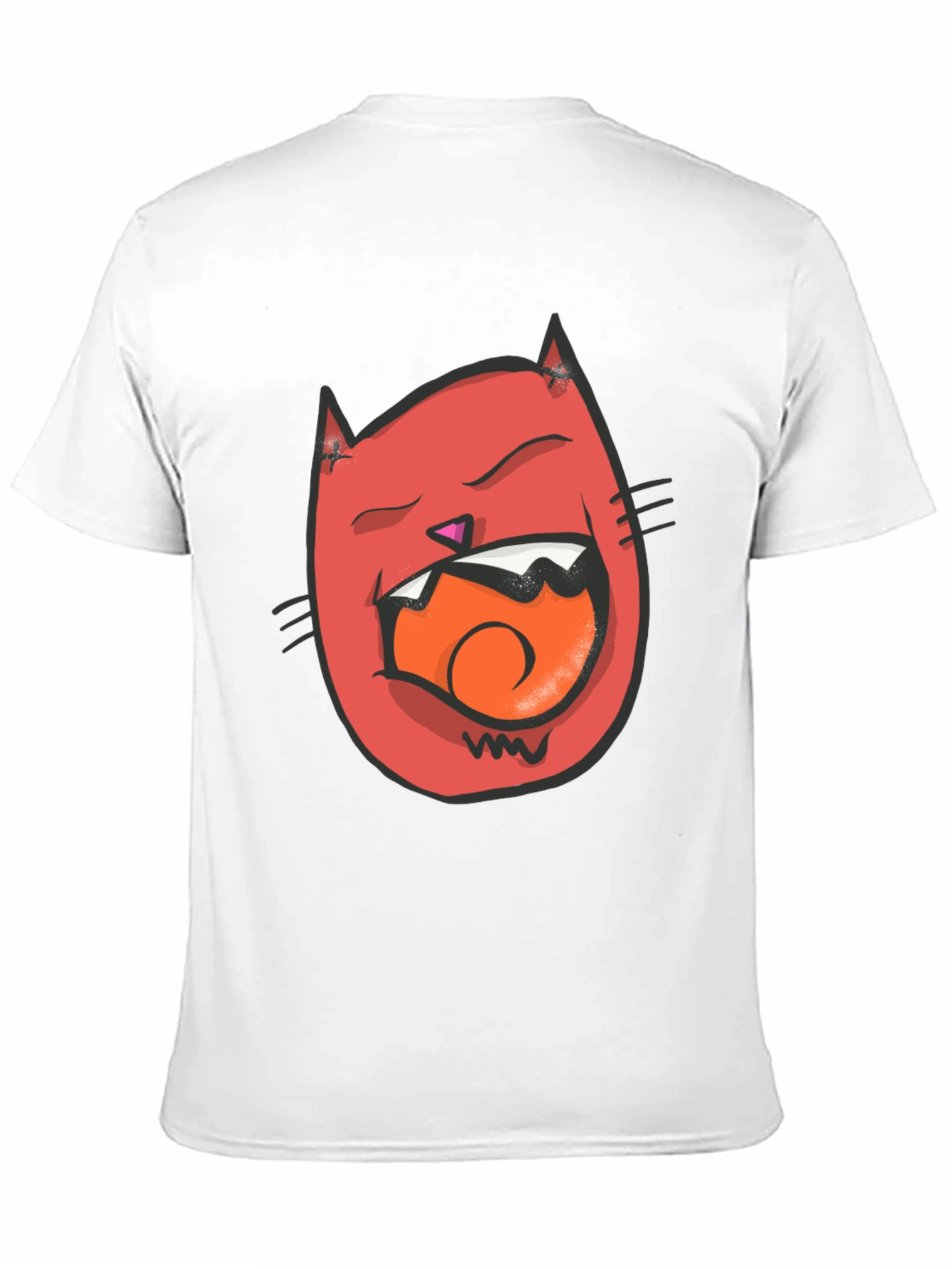 Cartoon Cat Graphic Tee - Black Crew Neck T-Shirt
