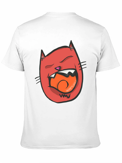Cartoon Cat Graphic Tee - Black Crew Neck T-Shirt