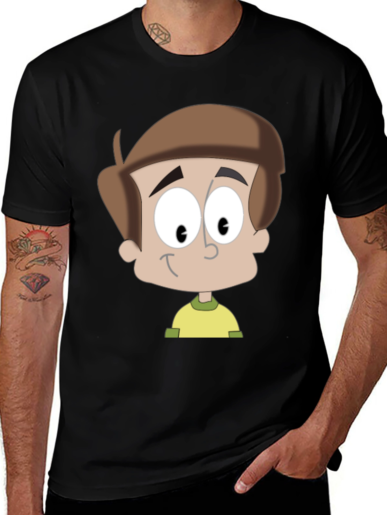 Cartoon Boy Graphic T-Shirt - Casual Black Tee
