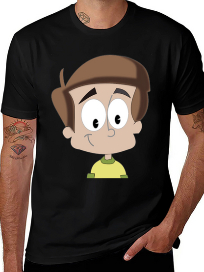 Cartoon Boy Graphic T-Shirt - Casual Black Tee