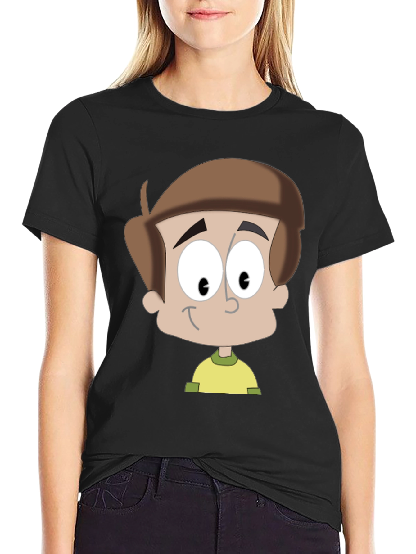 Cartoon Boy Graphic T-Shirt - Casual Black Tee