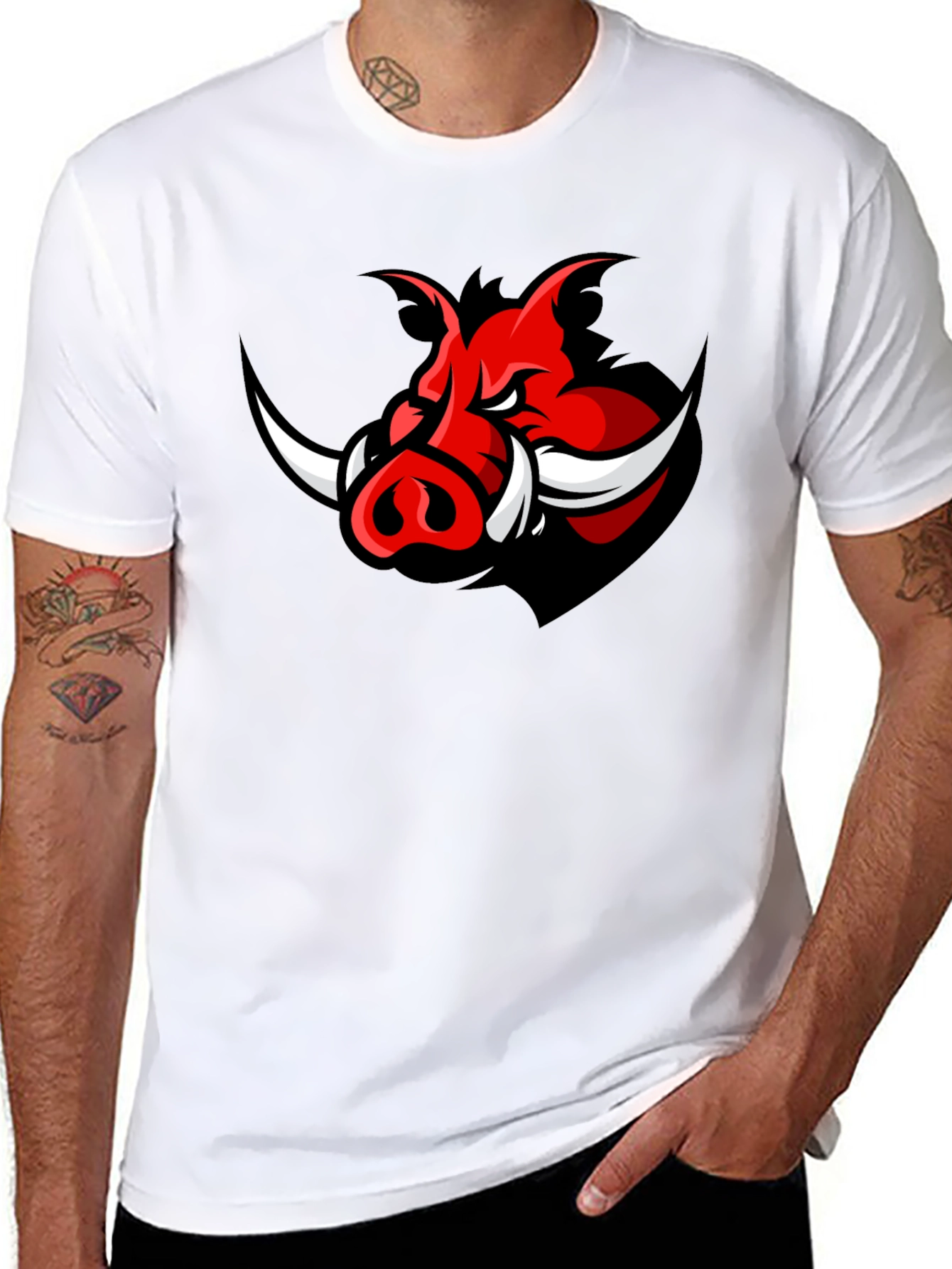 Mens Black T-Shirt with Red Boar Graphic