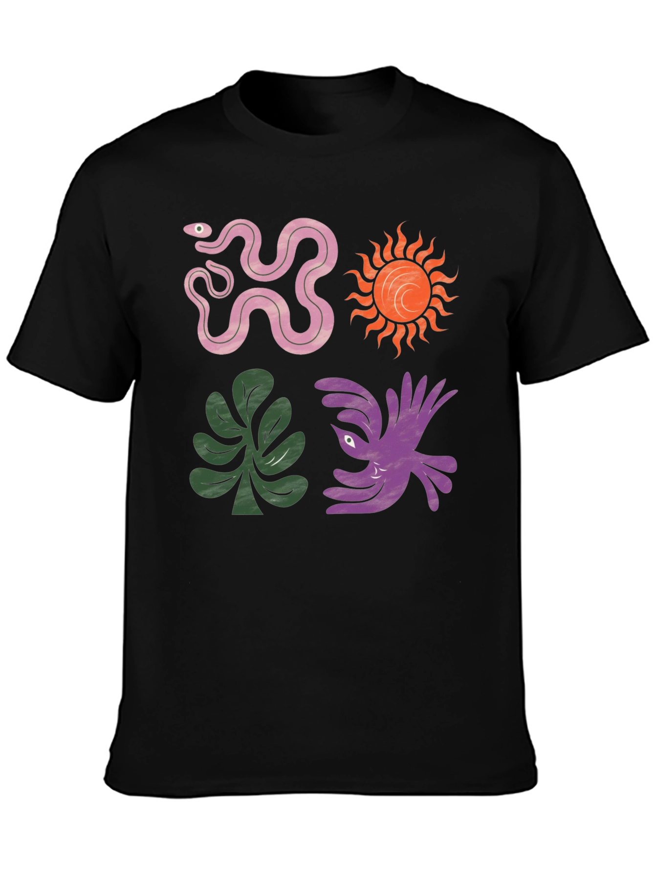 Trendy Graphic Tee - Snake Sun Plant Bird Design