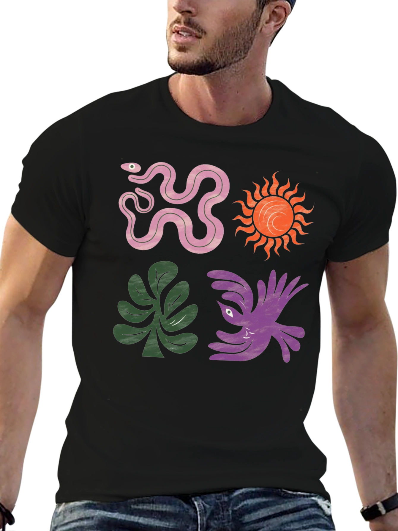 Trendy Graphic Tee - Snake Sun Plant Bird Design