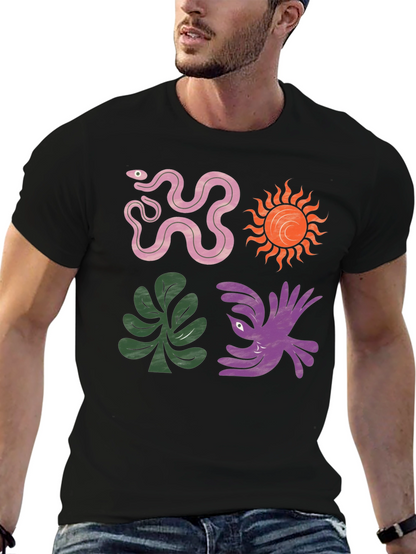 Trendy Graphic Tee - Snake Sun Plant Bird Design