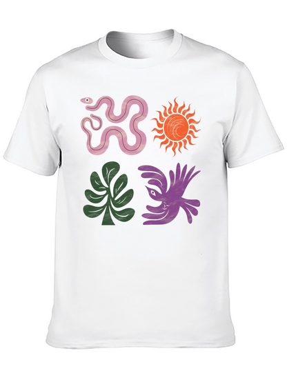 Trendy Graphic Tee - Snake Sun Plant Bird Design